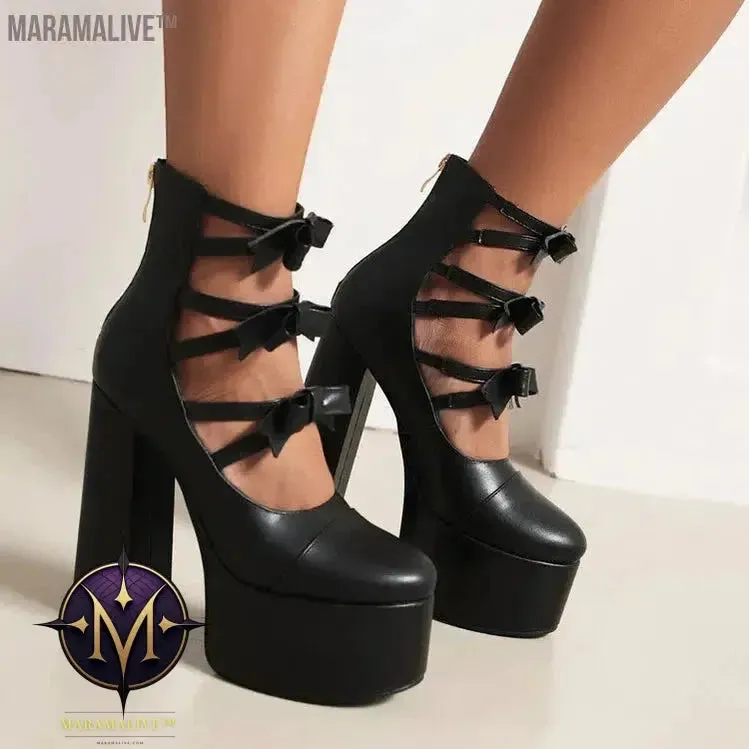 Purple Lolita Women's High Heels 15cm with Thick Bottom Buckle Round Head Hollow Out for Comfort Sweet Sandals