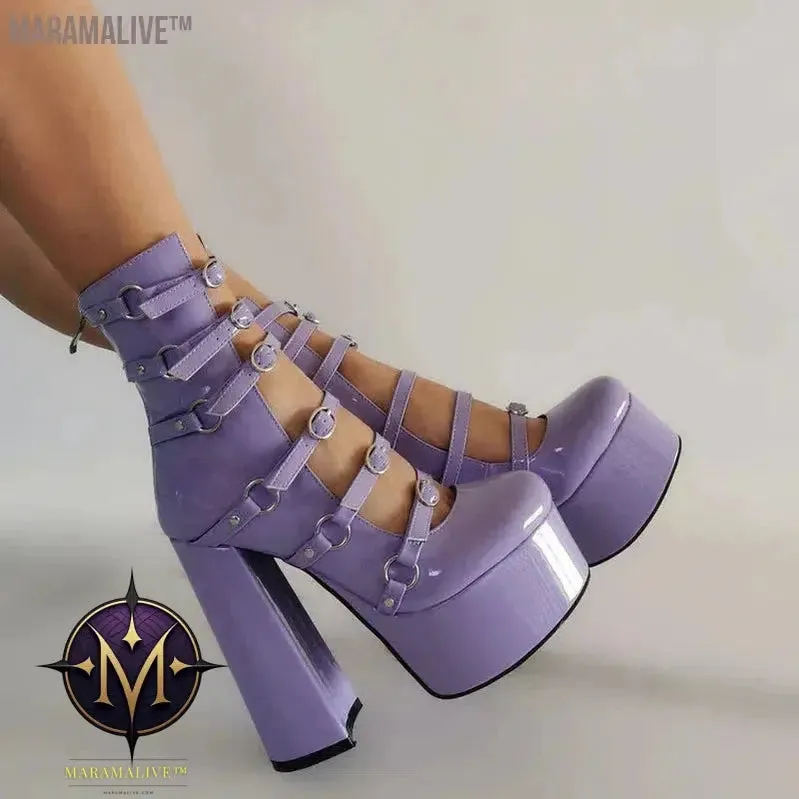 Purple Lolita Women's High Heels 15cm with Thick Bottom Buckle Round Head Hollow Out for Comfort Sweet Sandals