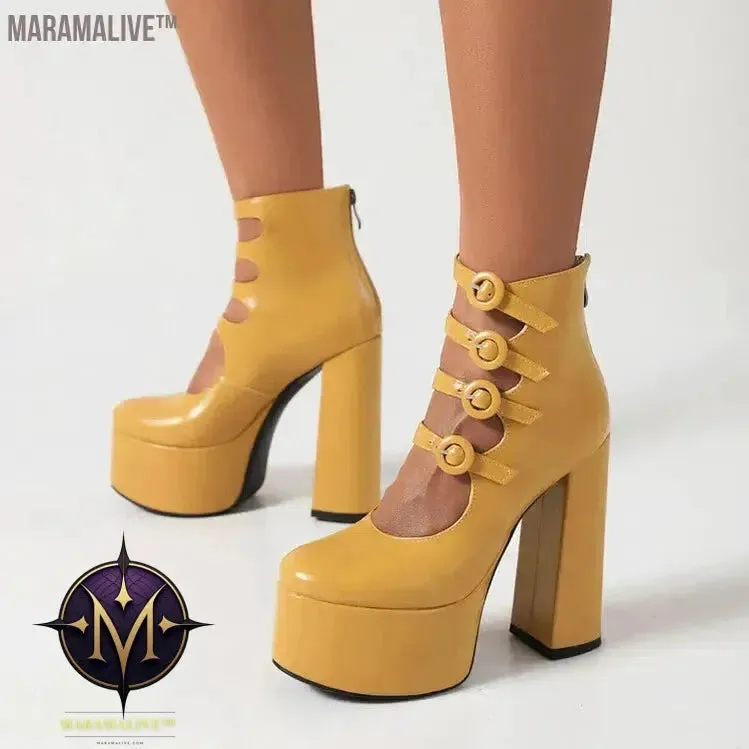Purple Lolita Women's High Heels 15cm with Thick Bottom Buckle Round Head Hollow Out for Comfort Sweet Sandals