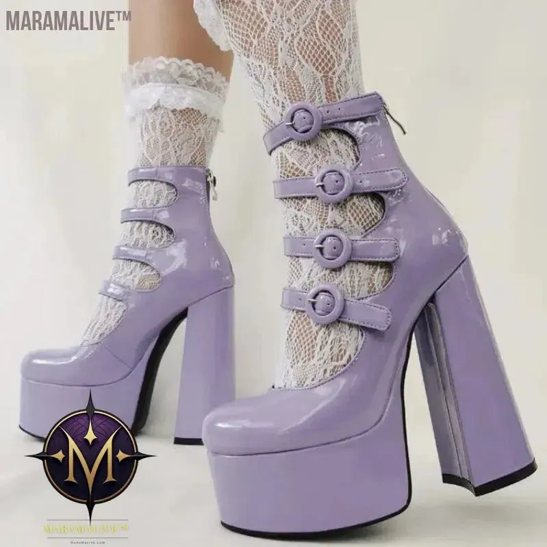 Purple Lolita Women's High Heels 15cm with Thick Bottom Buckle Round Head Hollow Out for Comfort Sweet Sandals