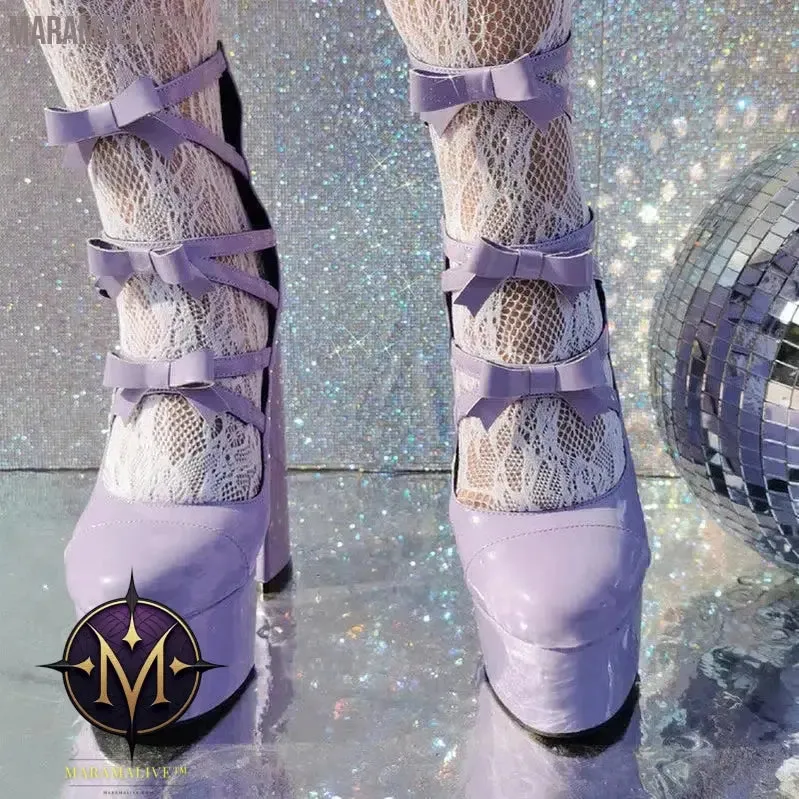 Purple Lolita Women's High Heels 15cm with Thick Bottom Buckle Round Head Hollow Out for Comfort Sweet Sandals