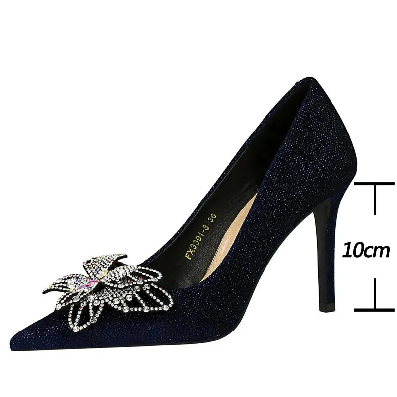 Rhinestone Women Pumps Butterfly High Heels 10 CM Stilettos Suede Women Heels Luxury banquet shoes Fashion Wedding shoes