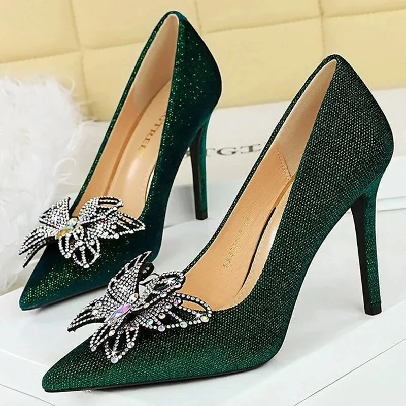 Rhinestone Women Pumps Butterfly High Heels 10 CM Stilettos Suede Women Heels Luxury banquet shoes Fashion Wedding shoes