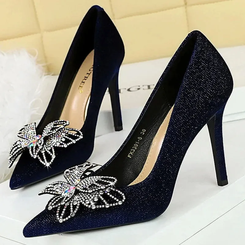 Rhinestone Women Pumps Butterfly High Heels 10 CM Stilettos Suede Women Heels Luxury banquet shoes Fashion Wedding shoes