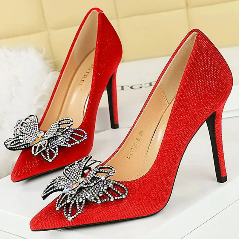 Rhinestone Women Pumps Butterfly High Heels 10 CM Stilettos Suede Women Heels Luxury banquet shoes Fashion Wedding shoes