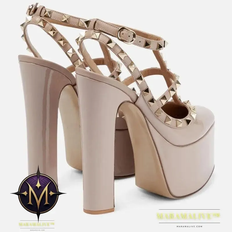 Rivet Round Head Strip Waterproof Platform Thick Heel Pumps