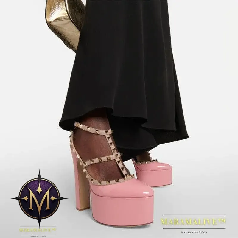Rivet Round Head Strip Waterproof Platform Thick Heel Pumps