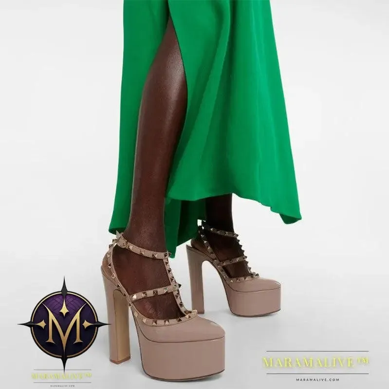 Rivet Round Head Strip Waterproof Platform Thick Heel Pumps