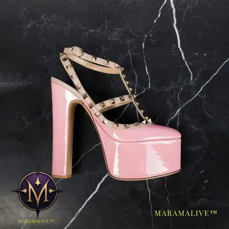 Rivet Round Head Strip Waterproof Platform Thick Heel Pumps