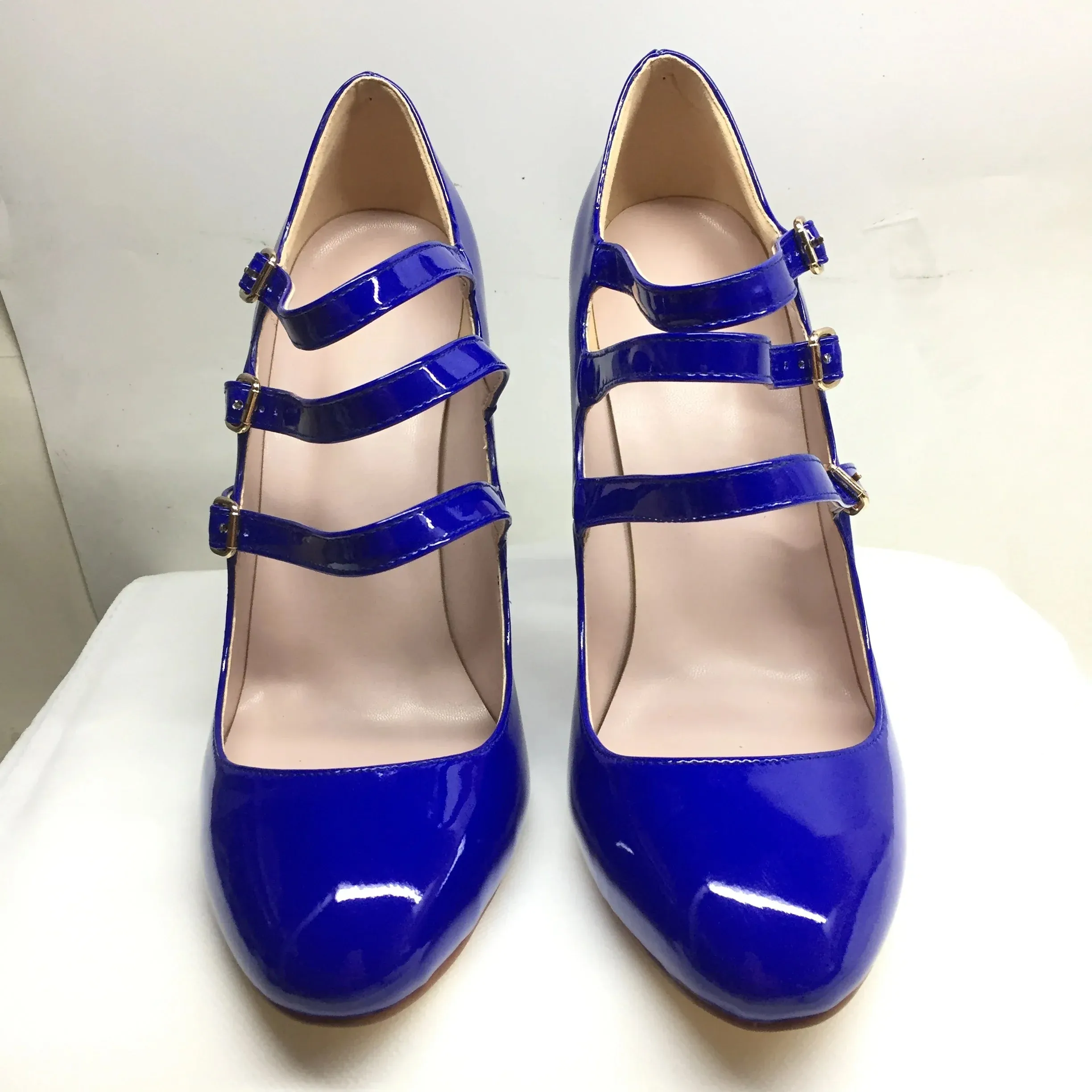 Round Toe High Heels Pumps 3-Straps Shoes
