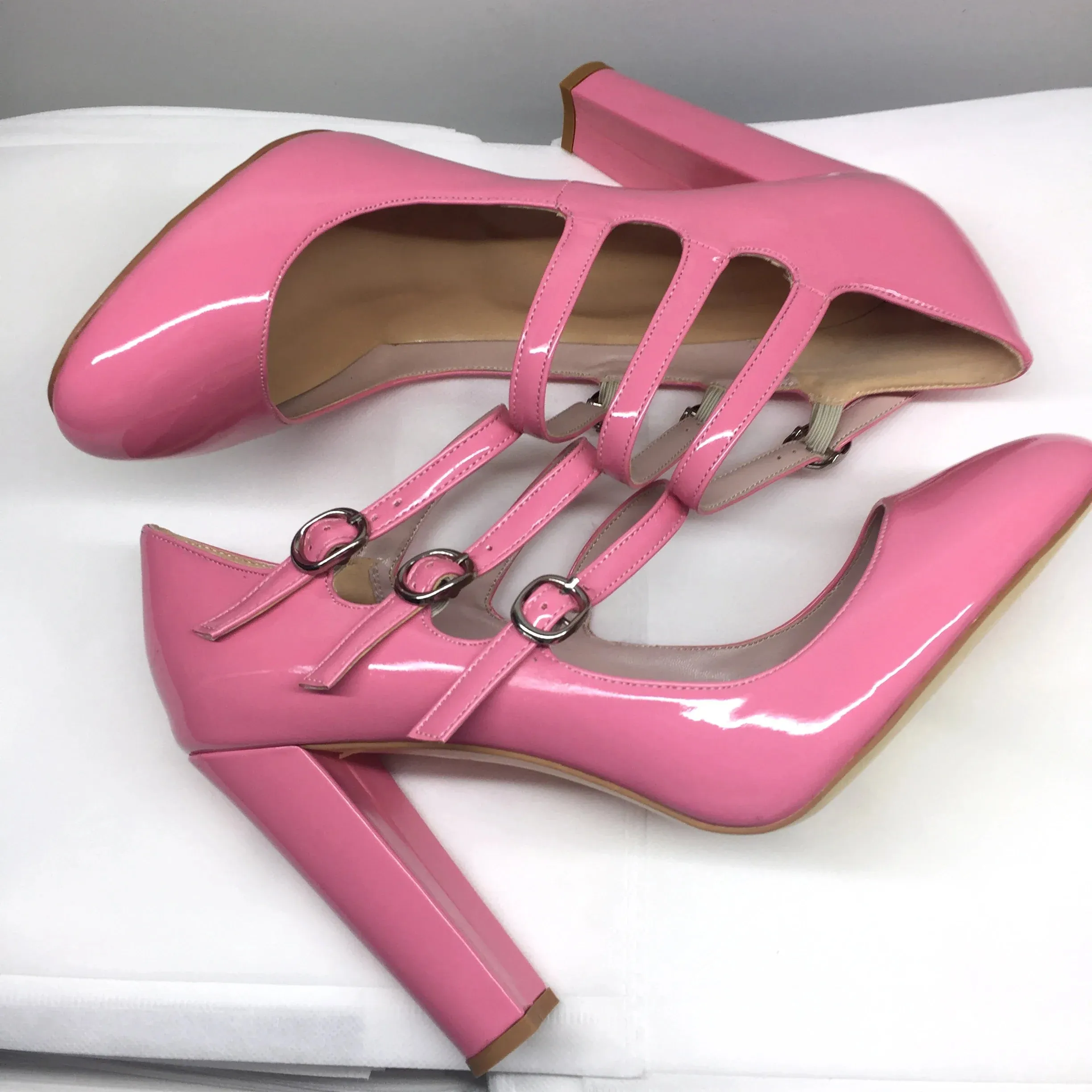 Round Toe High Heels Pumps 3-Straps Shoes