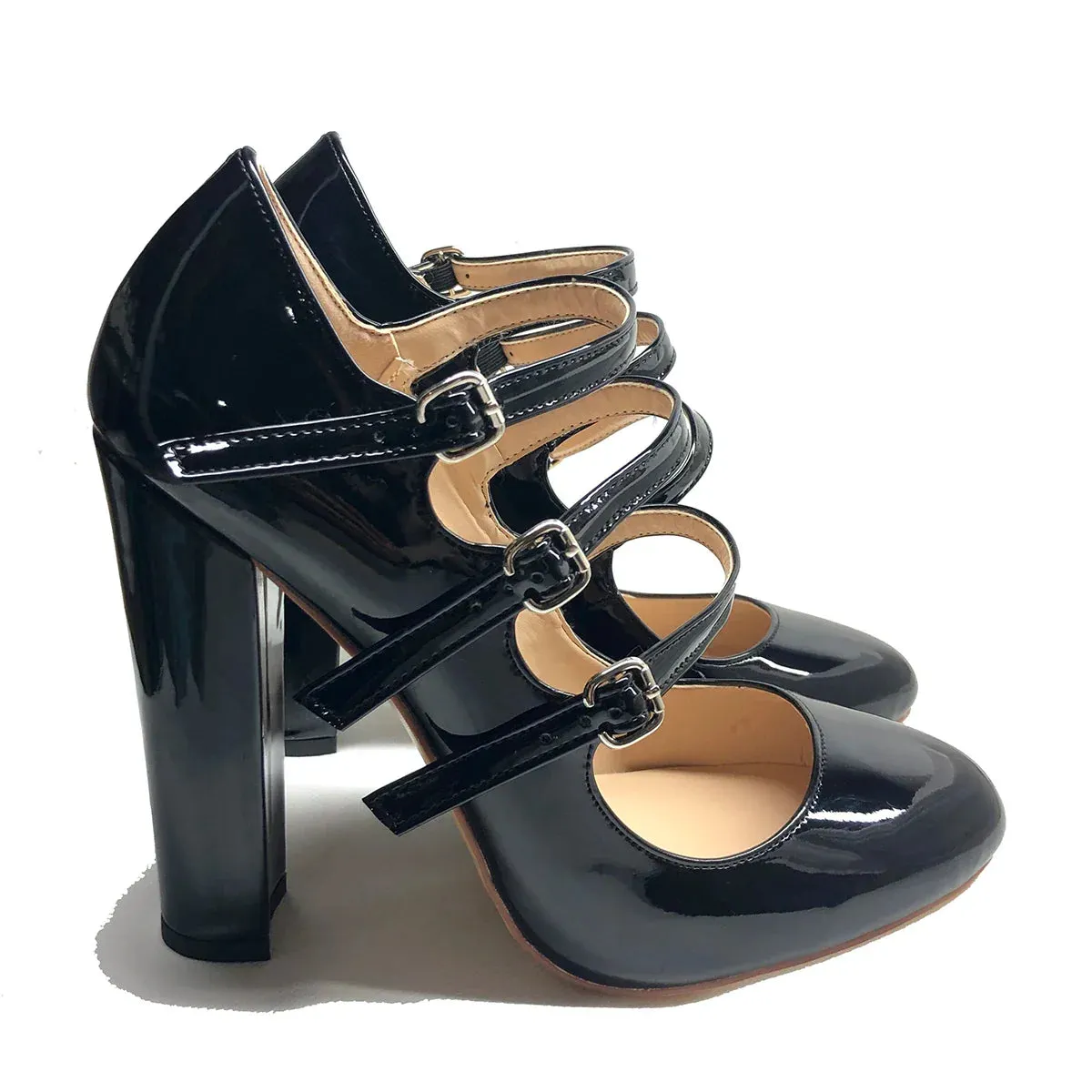 Round Toe High Heels Pumps 3-Straps Shoes