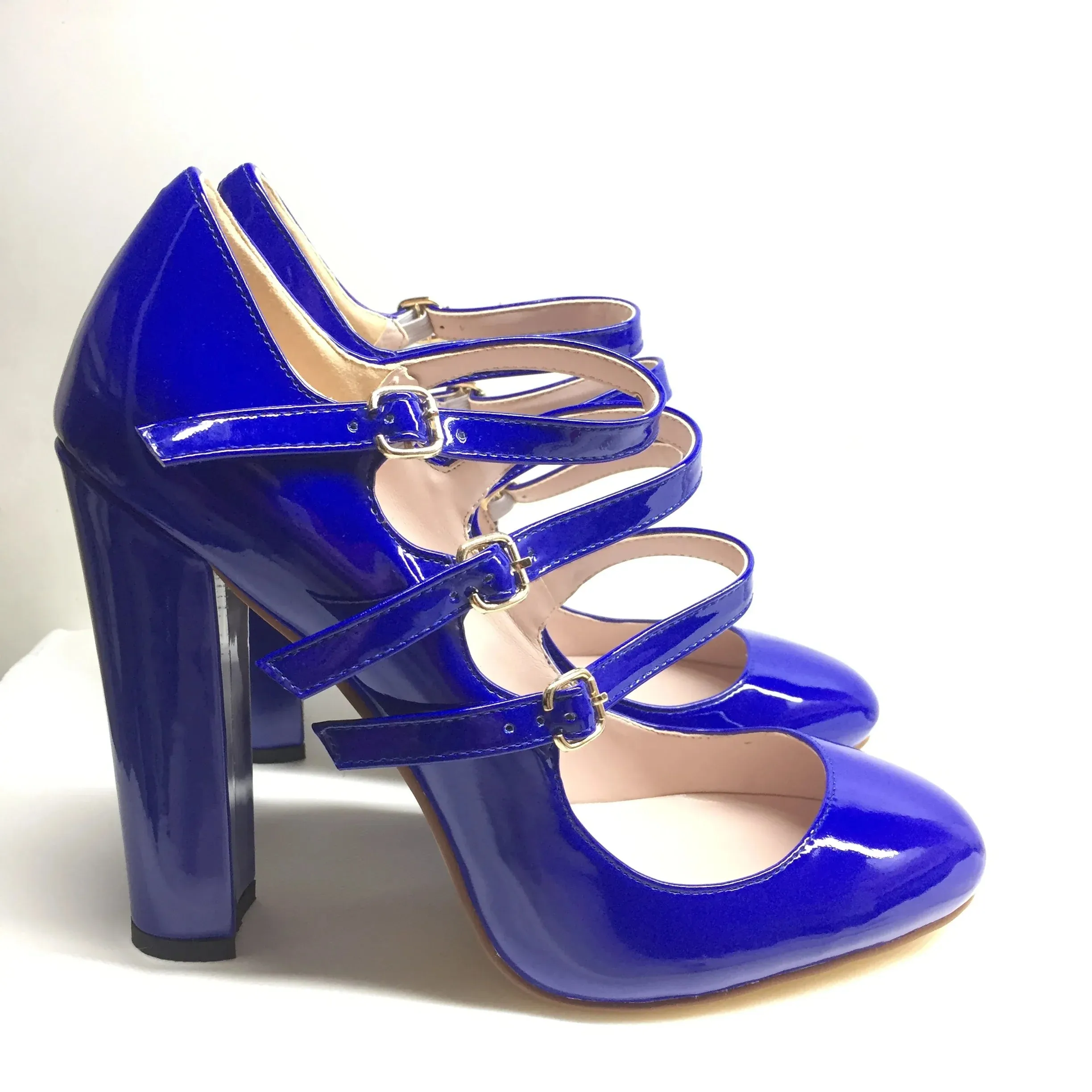 Round Toe High Heels Pumps 3-Straps Shoes