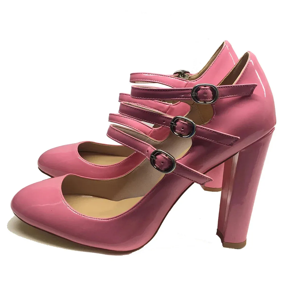 Round Toe High Heels Pumps 3-Straps Shoes