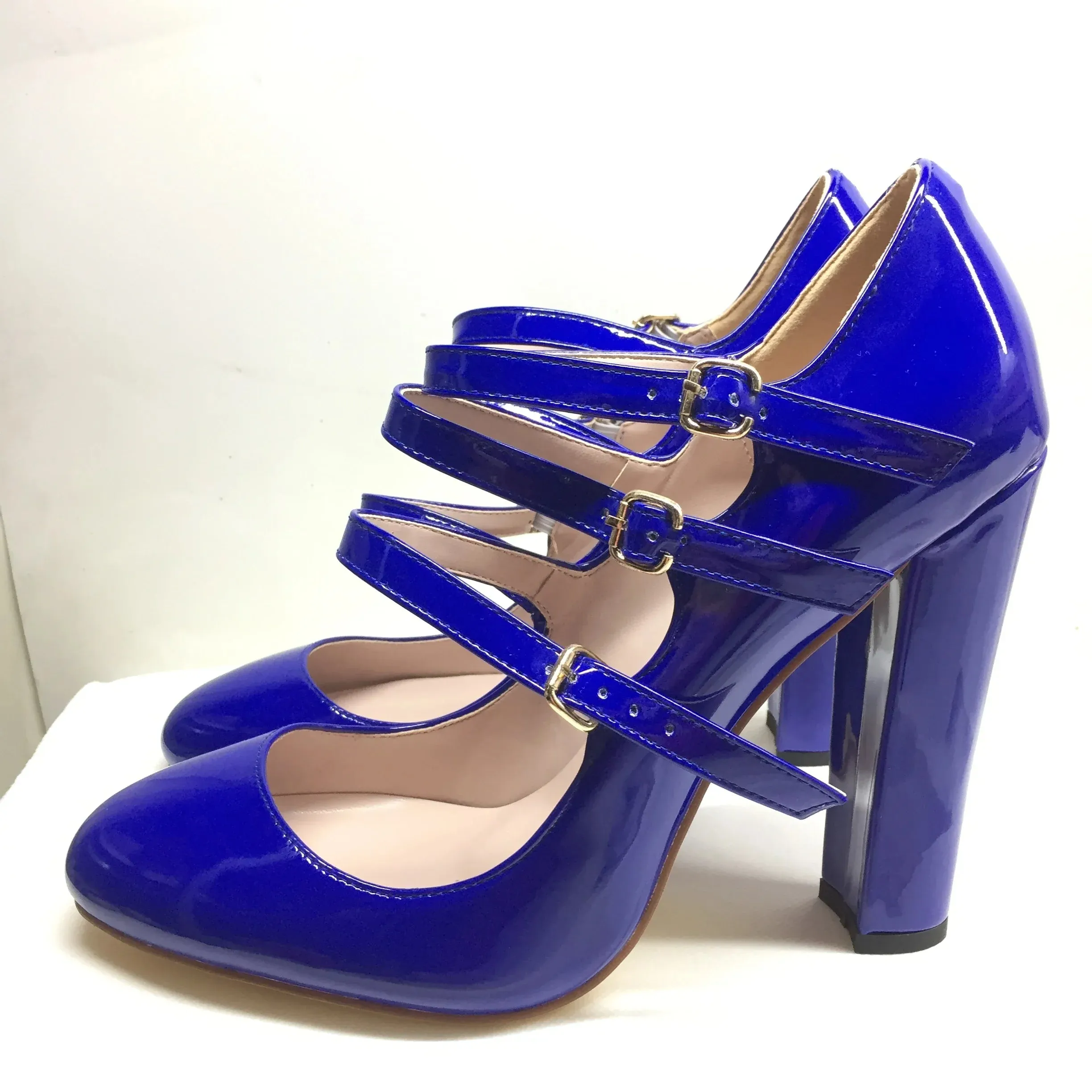 Round Toe High Heels Pumps 3-Straps Shoes