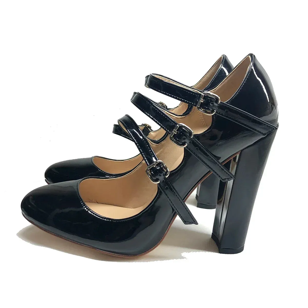 Round Toe High Heels Pumps 3-Straps Shoes