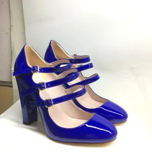 Round Toe High Heels Pumps 3-Straps Shoes