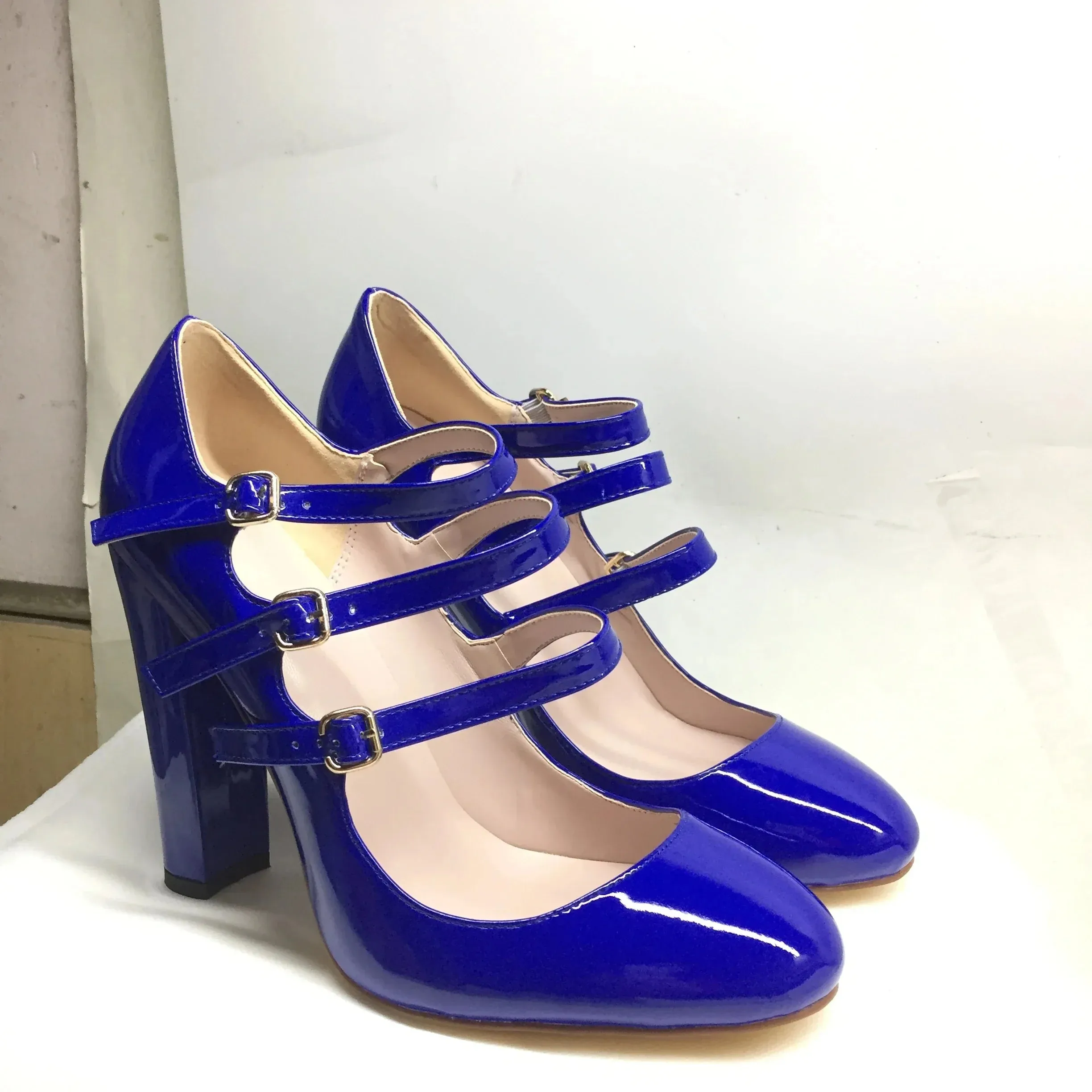 Round Toe High Heels Pumps 3-Straps Shoes