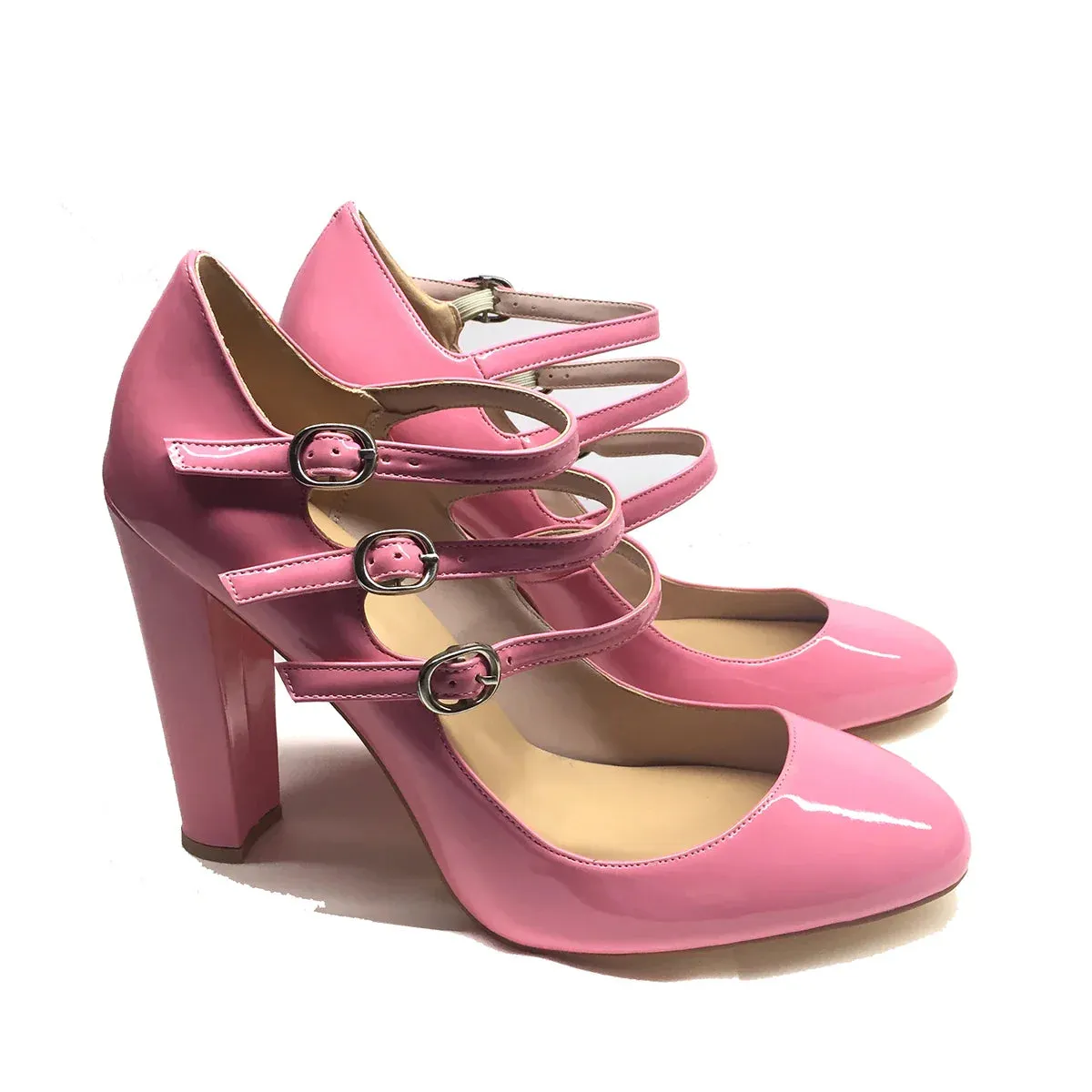 Round Toe High Heels Pumps 3-Straps Shoes