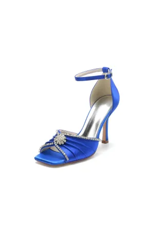 Satin Square OpenToe Stiletto Heels With Rhinestone