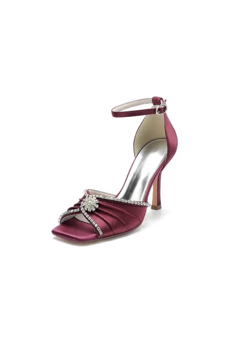 Satin Square OpenToe Stiletto Heels With Rhinestone