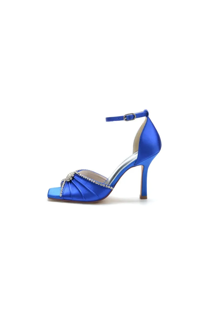 Satin Square OpenToe Stiletto Heels With Rhinestone