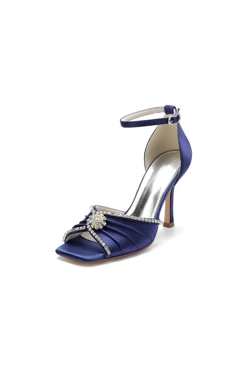 Satin Square OpenToe Stiletto Heels With Rhinestone