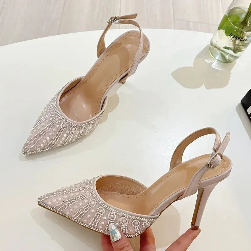 Sexy Pointed Toe Street Style Crystal Bead Buckle Strap Women Pumps Sandals