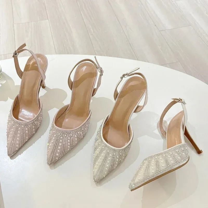 Sexy Pointed Toe Street Style Crystal Bead Buckle Strap Women Pumps Sandals