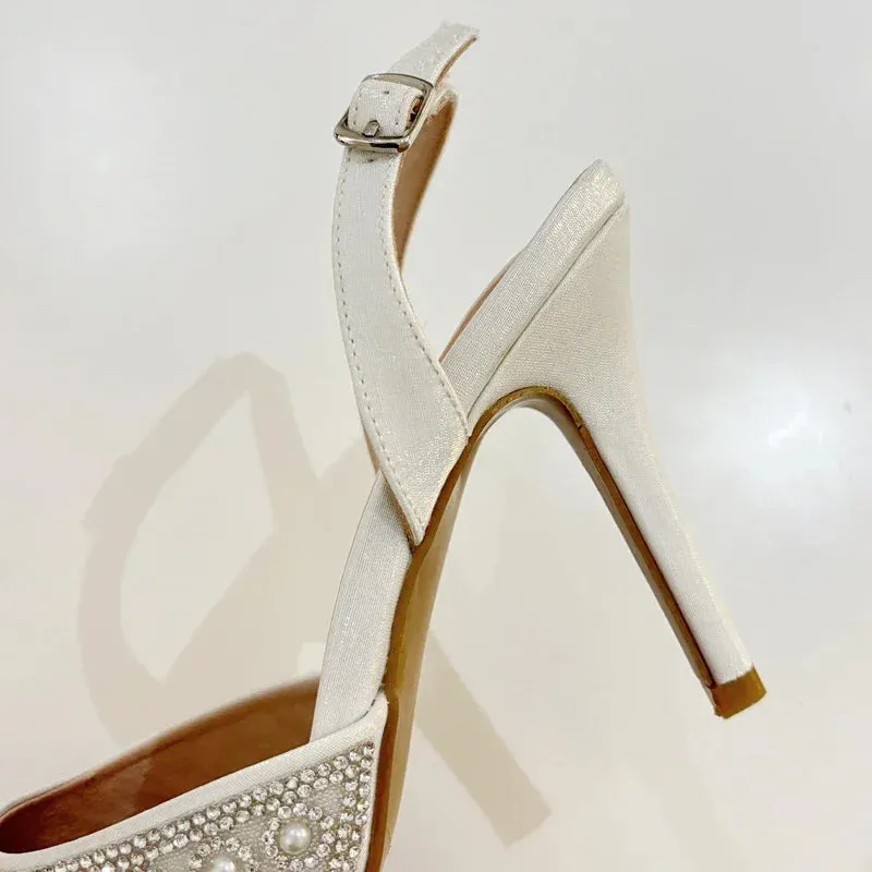 Sexy Pointed Toe Street Style Crystal Bead Buckle Strap Women Pumps Sandals
