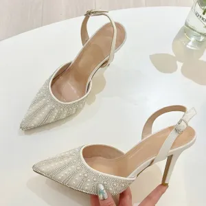 Sexy Pointed Toe Street Style Crystal Bead Buckle Strap Women Pumps Sandals