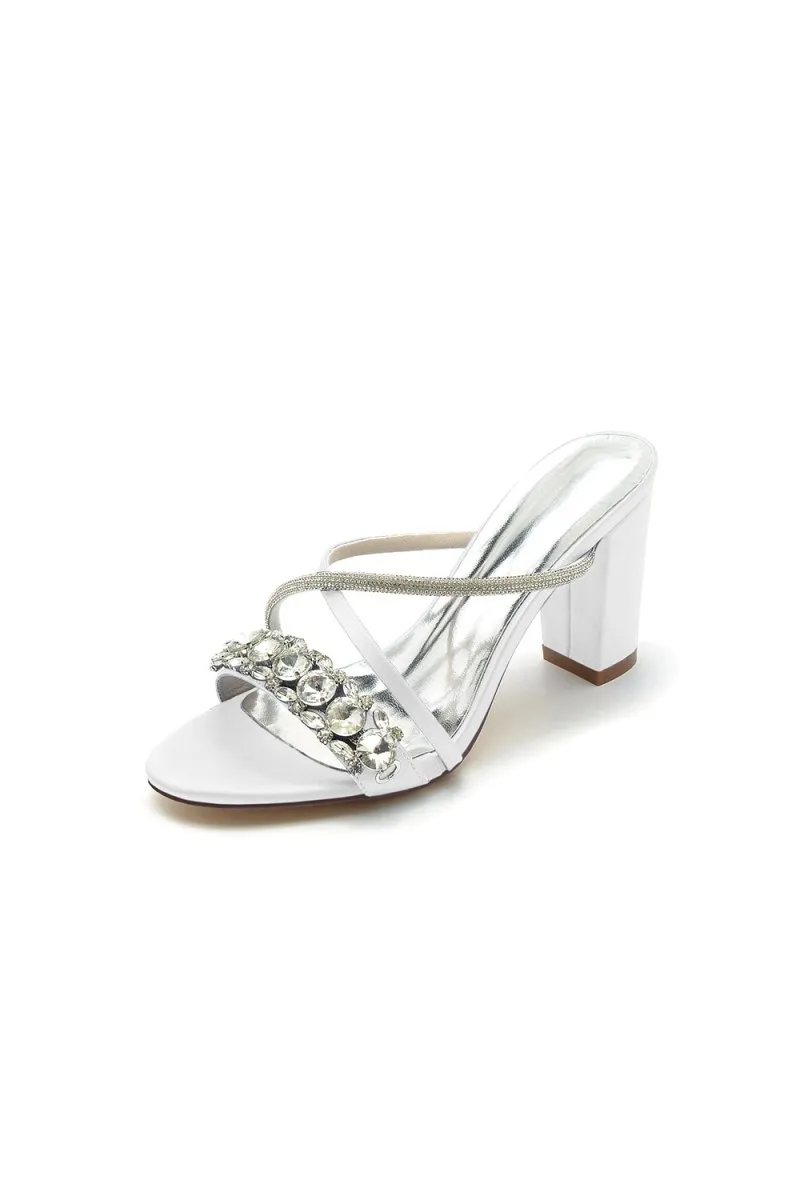 Silver Satin High Heels with Crystal and Metal Embellishments