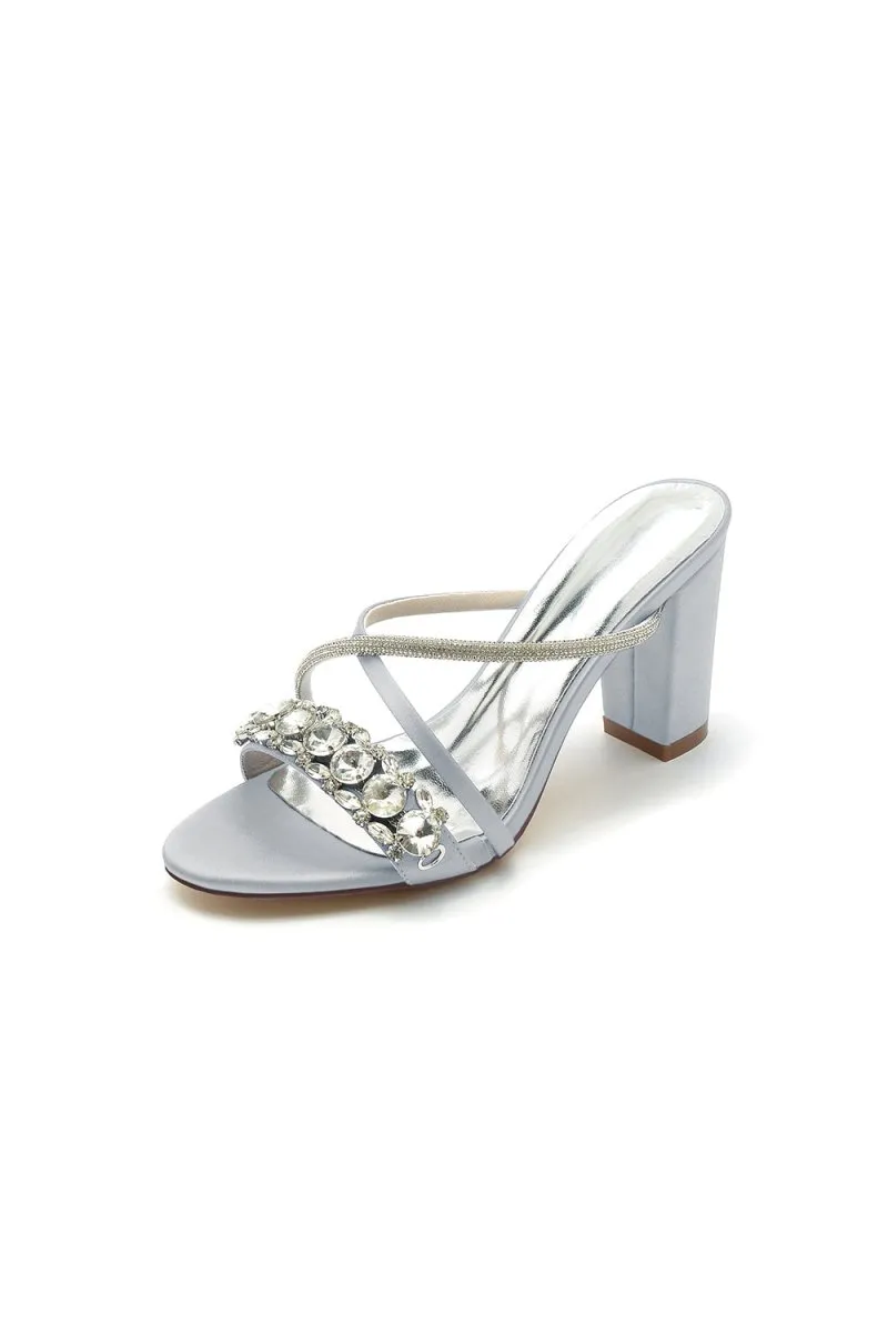 Silver Satin High Heels with Crystal and Metal Embellishments
