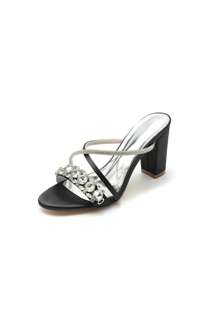 Silver Satin High Heels with Crystal and Metal Embellishments