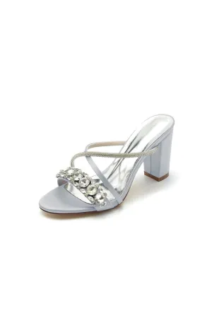 Silver Satin High Heels with Crystal and Metal Embellishments
