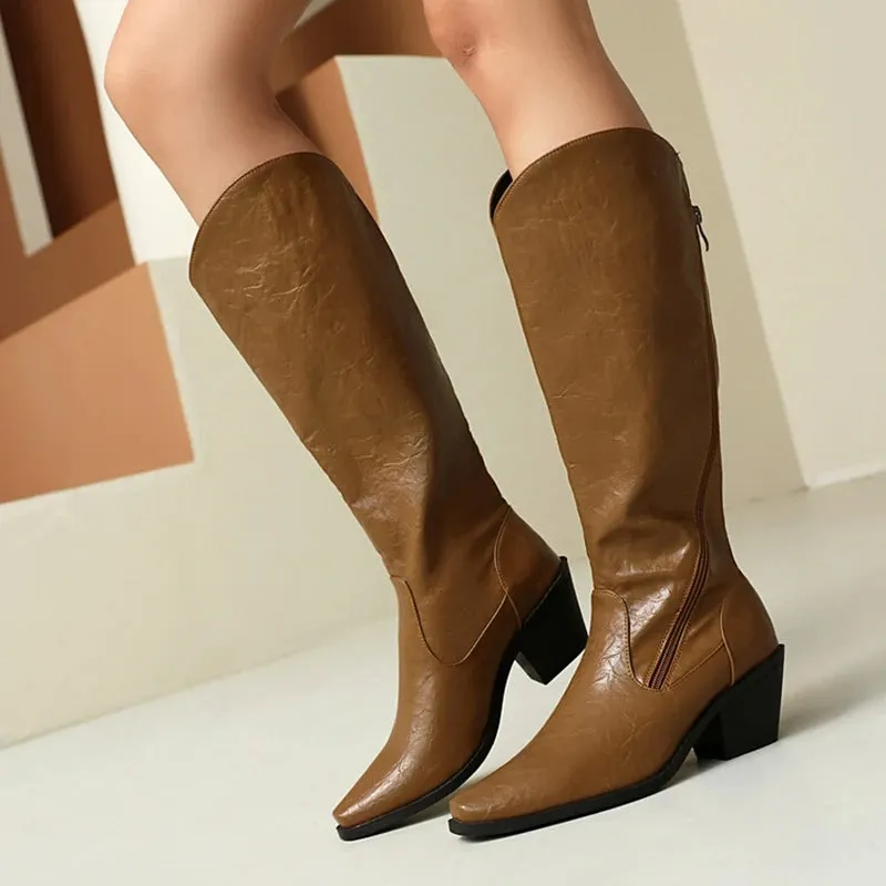 SIMLOVEYO 2024 Knee Boots 5.5CM Chunky Heels Leather Big Size 45 46 47 US16 US15 Black Red White