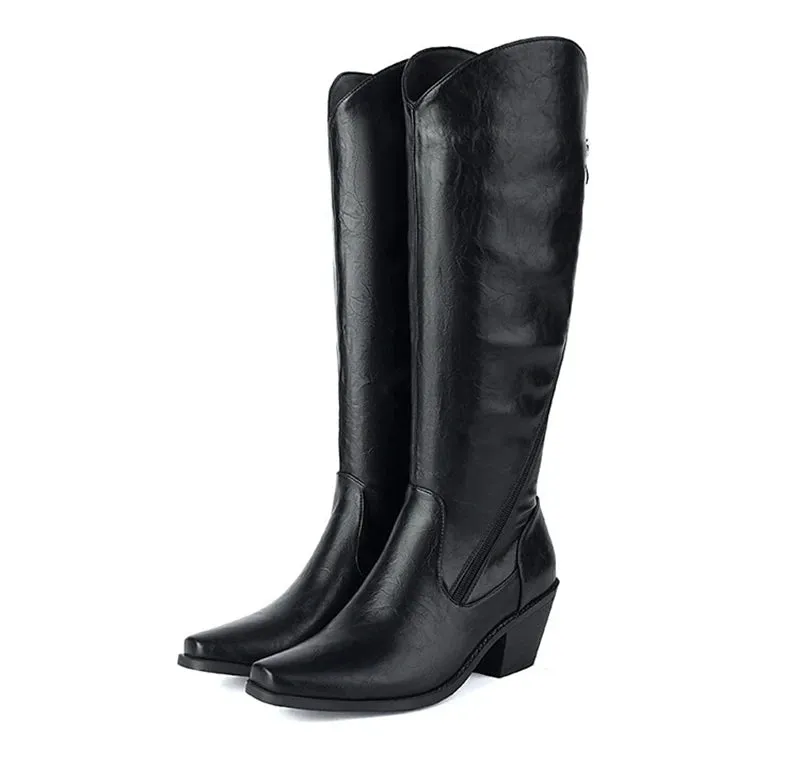 SIMLOVEYO 2024 Knee Boots 5.5CM Chunky Heels Leather Big Size 45 46 47 US16 US15 Black Red White