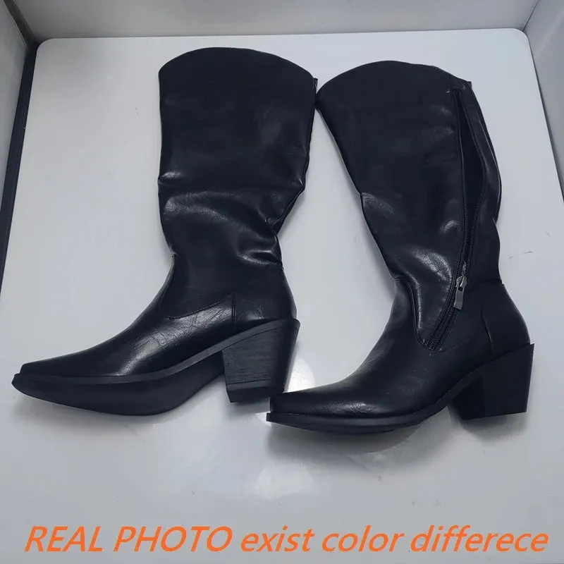 SIMLOVEYO 2024 Knee Boots 5.5CM Chunky Heels Leather Big Size 45 46 47 US16 US15 Black Red White