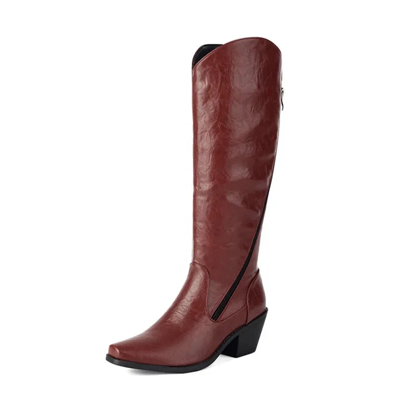 SIMLOVEYO 2024 Knee Boots 5.5CM Chunky Heels Leather Big Size 45 46 47 US16 US15 Black Red White