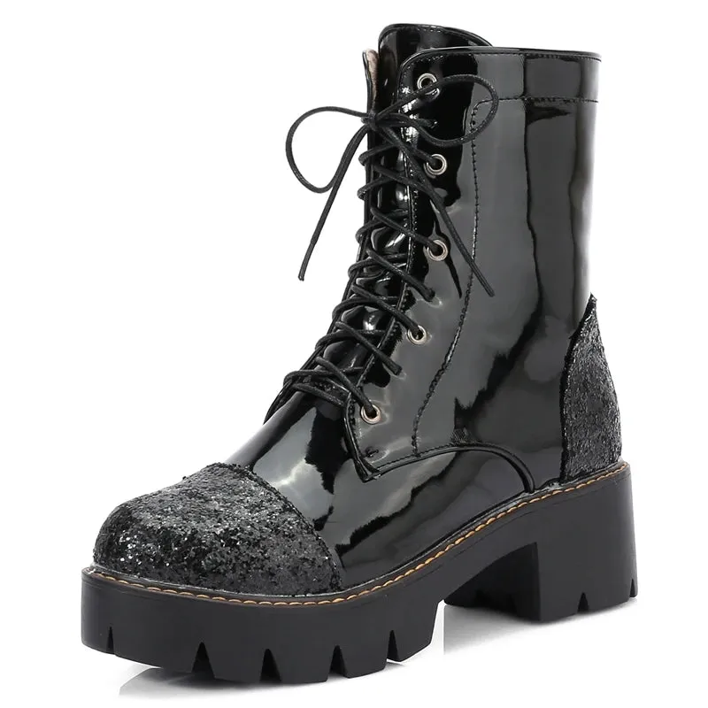 SIMLOVEYO Big size  Dr Women Ankle Boots Thick Med Heels Lace Up Leather Platform Short Booties  Botas Feminips  43 Pink A864