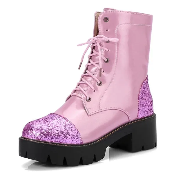 SIMLOVEYO Big size  Dr Women Ankle Boots Thick Med Heels Lace Up Leather Platform Short Booties  Botas Feminips  43 Pink A864