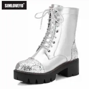 SIMLOVEYO Big size  Dr Women Ankle Boots Thick Med Heels Lace Up Leather Platform Short Booties  Botas Feminips  43 Pink A864