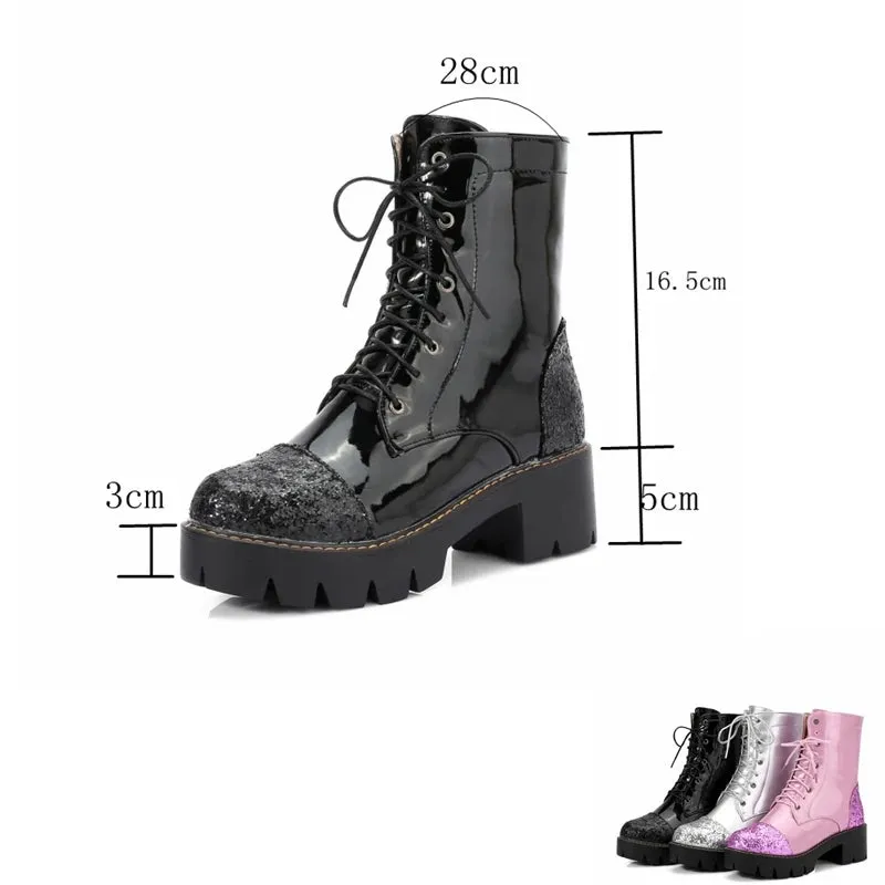 SIMLOVEYO Big size  Dr Women Ankle Boots Thick Med Heels Lace Up Leather Platform Short Booties  Botas Feminips  43 Pink A864