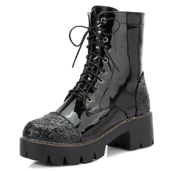 SIMLOVEYO Big size  Dr Women Ankle Boots Thick Med Heels Lace Up Leather Platform Short Booties  Botas Feminips  43 Pink A864