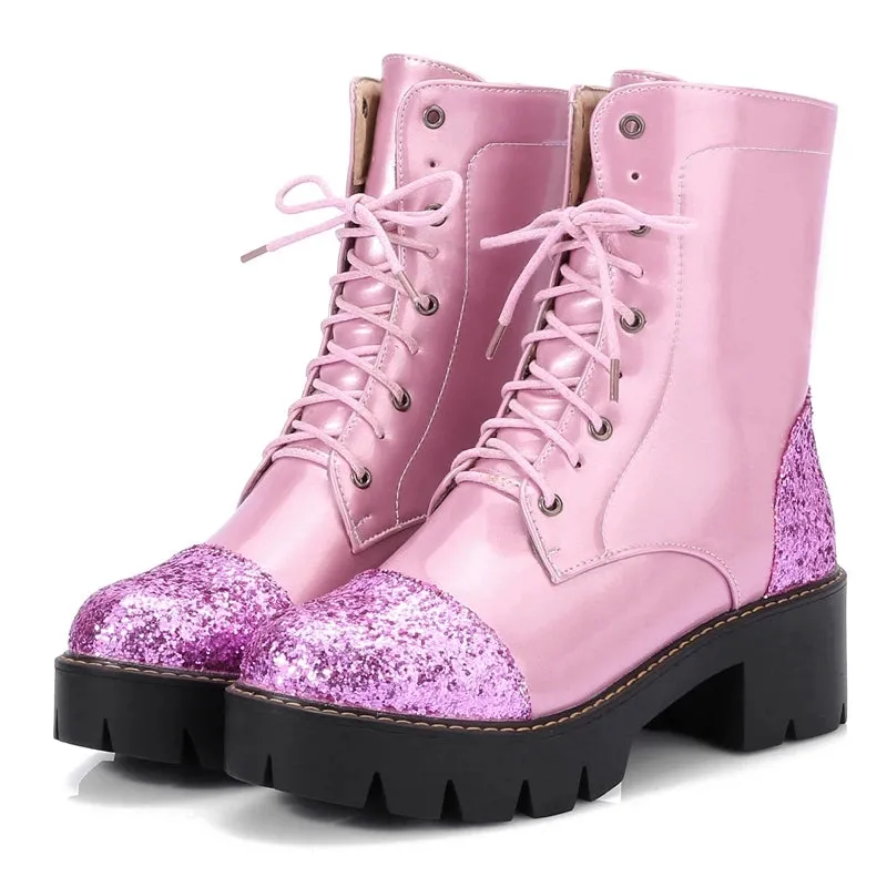 SIMLOVEYO Big size  Dr Women Ankle Boots Thick Med Heels Lace Up Leather Platform Short Booties  Botas Feminips  43 Pink A864