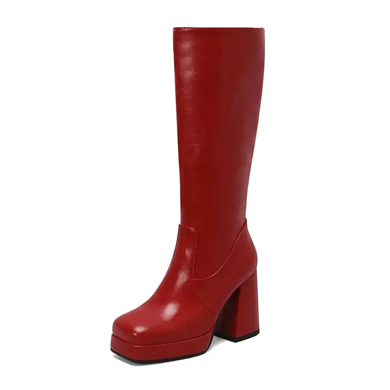 SIMLOVEYO Women Knee High Boots Toe Block Heels 10cm Platform 2.5cm Big Size 43 Concise Female Bota