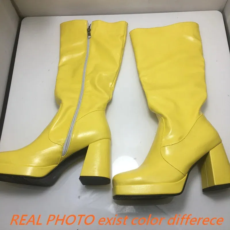 SIMLOVEYO Women Knee High Boots Toe Block Heels 10cm Platform 2.5cm Big Size 43 Concise Female Bota