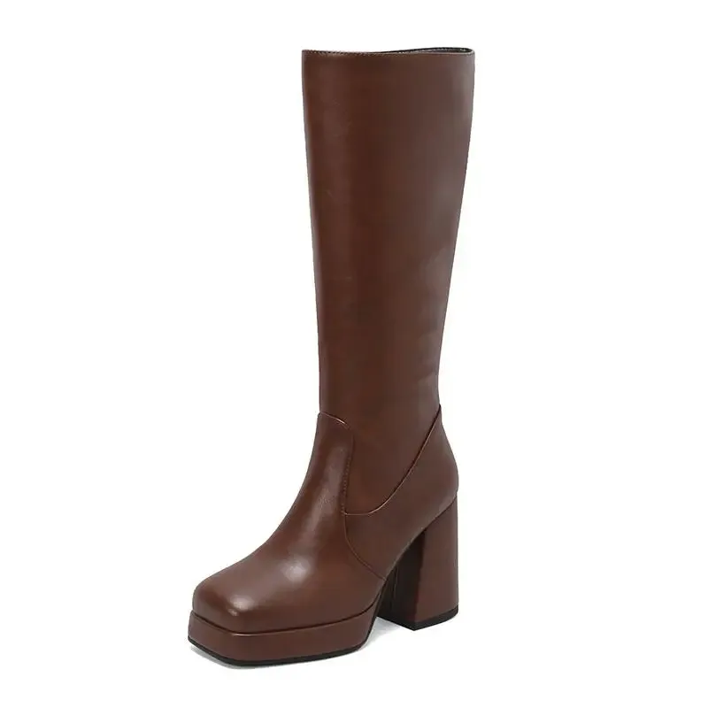 SIMLOVEYO Women Knee High Boots Toe Block Heels 10cm Platform 2.5cm Big Size 43 Concise Female Bota