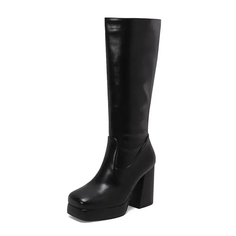 SIMLOVEYO Women Knee High Boots Toe Block Heels 10cm Platform 2.5cm Big Size 43 Concise Female Bota