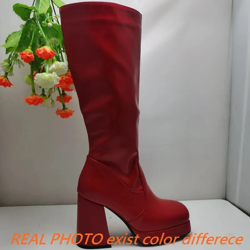 SIMLOVEYO Women Knee High Boots Toe Block Heels 10cm Platform 2.5cm Big Size 43 Concise Female Bota
